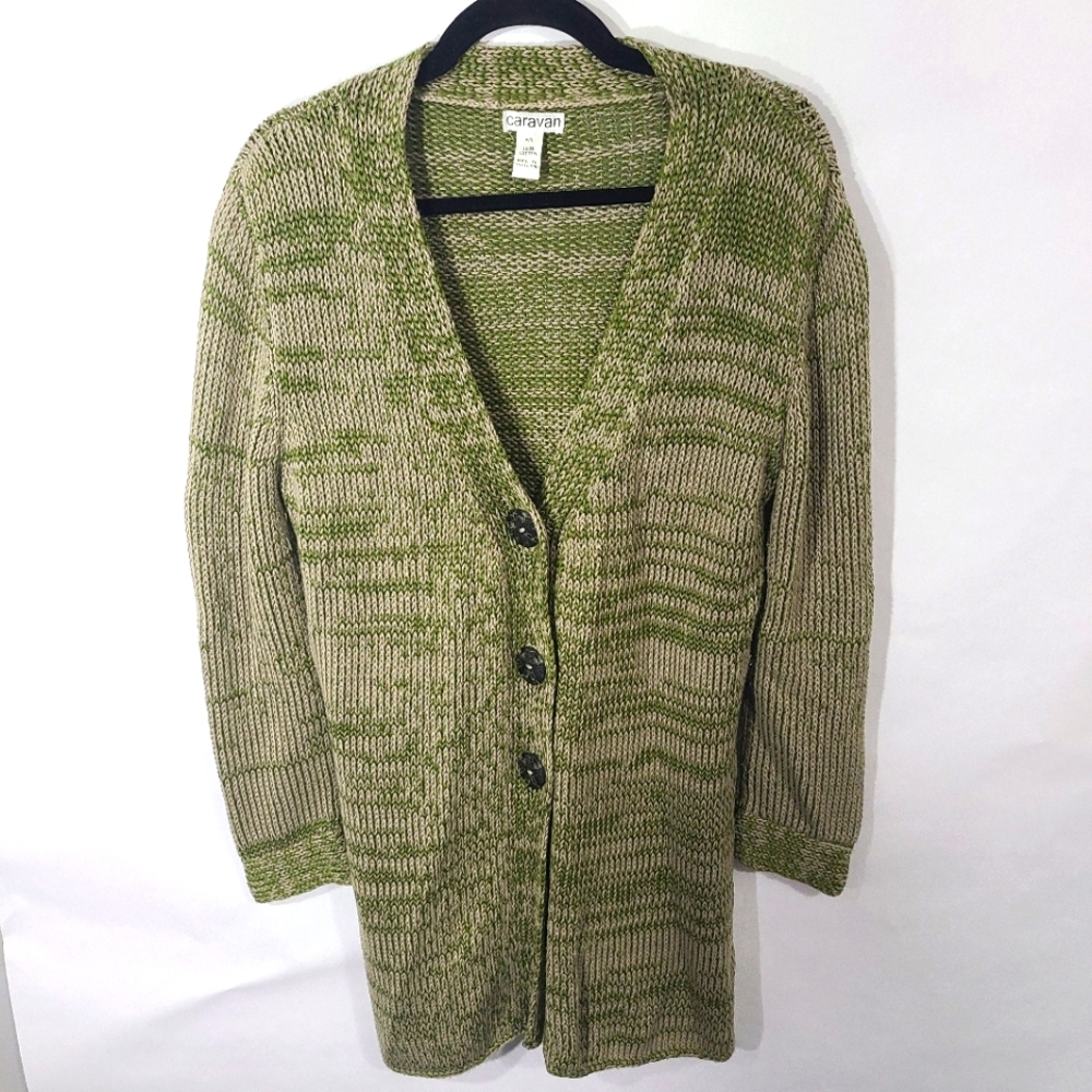 Caravan Women's Size M/L Long Cardigan Sweater‎ Top Green Chunky Big Buttons